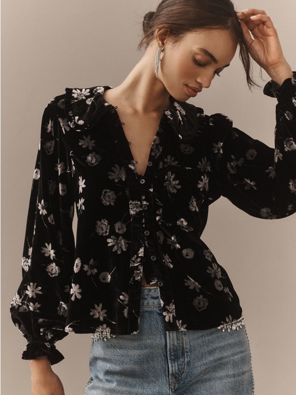 Pilcro Anthropologie Keira Velvet Floral Collared Blouse XS NWT Black Romantic